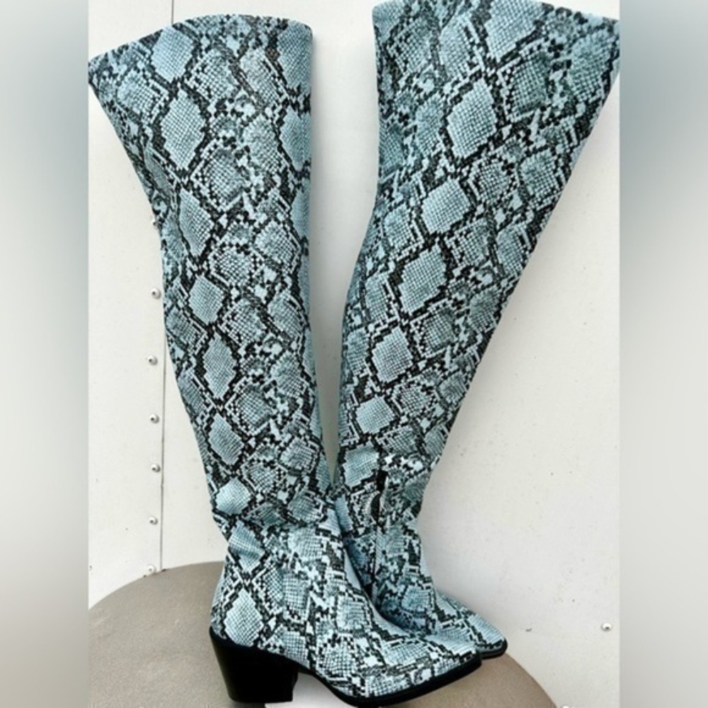 Gianni Bini Alyiraa Snake Print Stretch Over-The-Knee Block Heel Boots